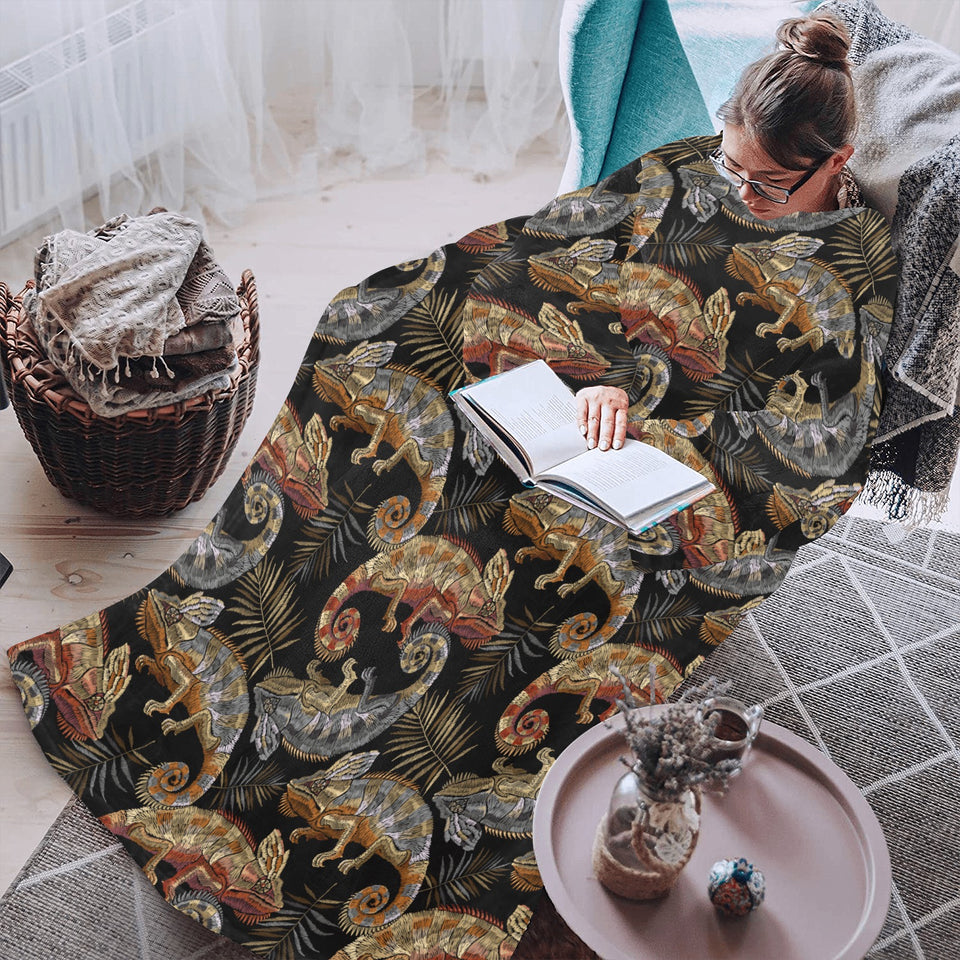 Chameleon lizard tropical leaves palm tree Blanket Robe with Sleeves