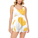French fries white paper box pattern Chest Sexy Pleated Two Piece Swim Dress