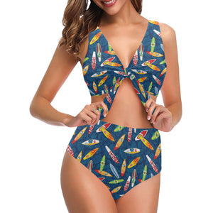 Surfboard Pattern Print Design 01 Chest Bowknot High Waisted Bikini Swimsuit