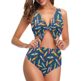 Surfboard Pattern Print Design 01 Chest Bowknot High Waisted Bikini Swimsuit