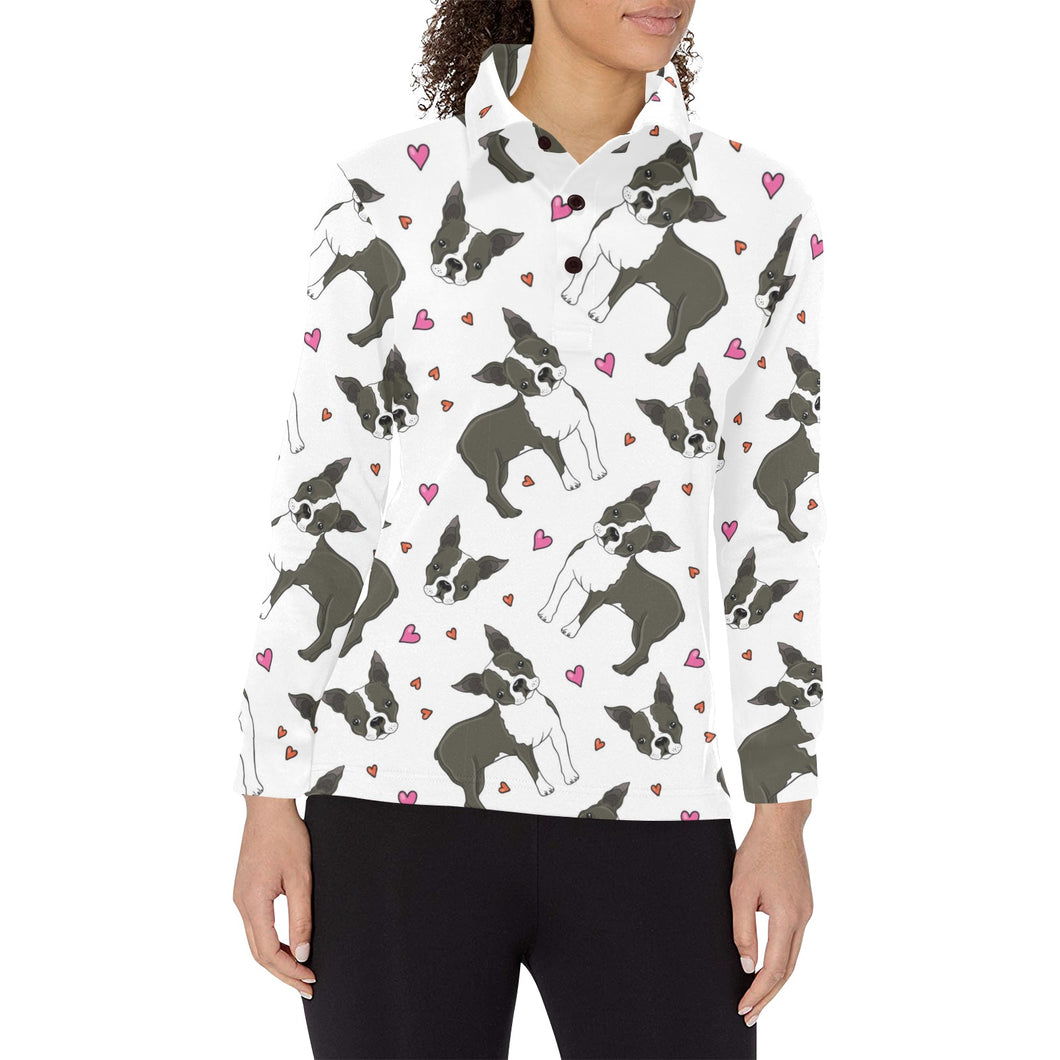 Boston terrier dog hearts vector pattern Women's Long Sleeve Polo Shirt