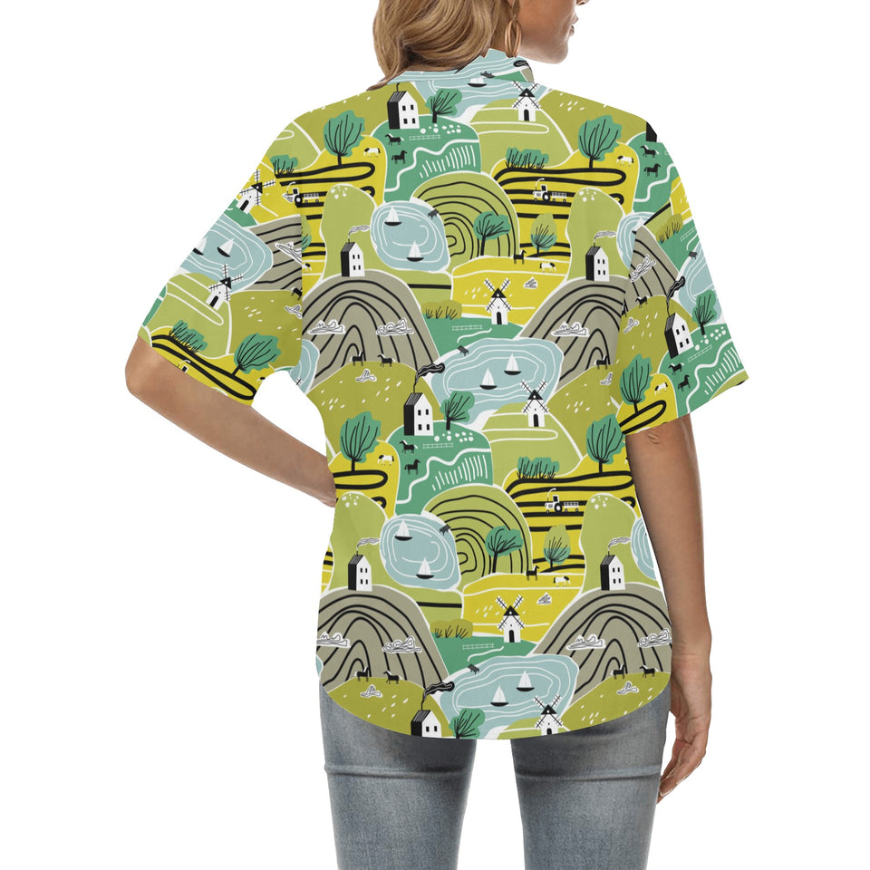 Hand drawn windmill pattern Women's All Over Print Hawaiian Shirt
