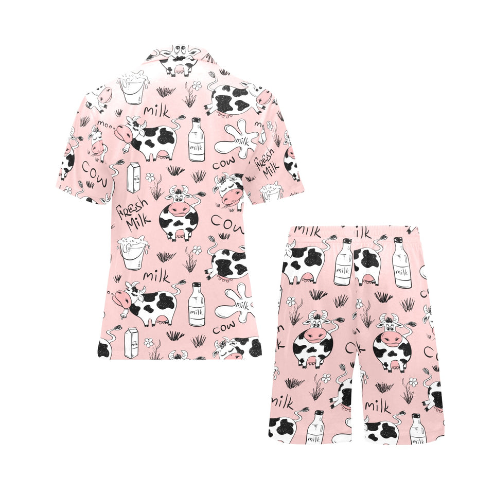 Cows milk product pink background Men's V-Neck Short Pajama Set
