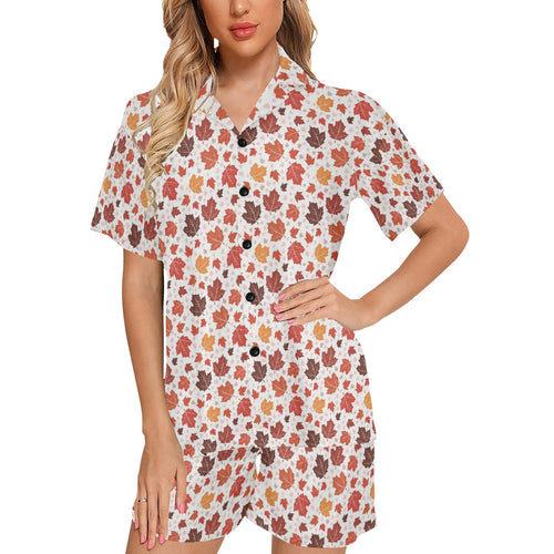 Colorful Maple Leaf pattern Women's V-Neck Short Pajama Set