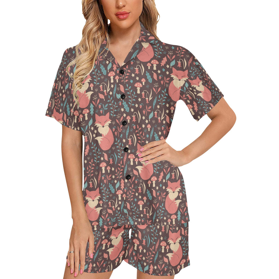 fox leaves mushroom pattern Women's V-Neck Short Pajama Set