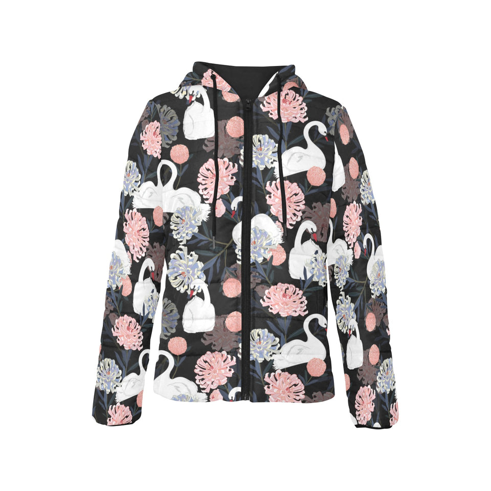 white swan blooming flower pattern Women's Padded Hooded Jacket