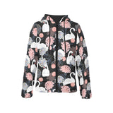 white swan blooming flower pattern Women's Padded Hooded Jacket