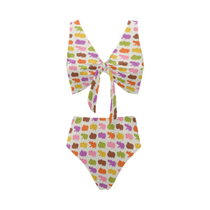 Hippopotamus Pattern Print Design 01 Chest Bowknot High Waisted Bikini Swimsuit