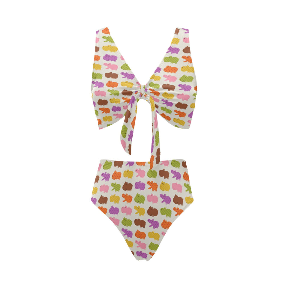 Hippopotamus Pattern Print Design 01 Chest Bowknot High Waisted Bikini Swimsuit