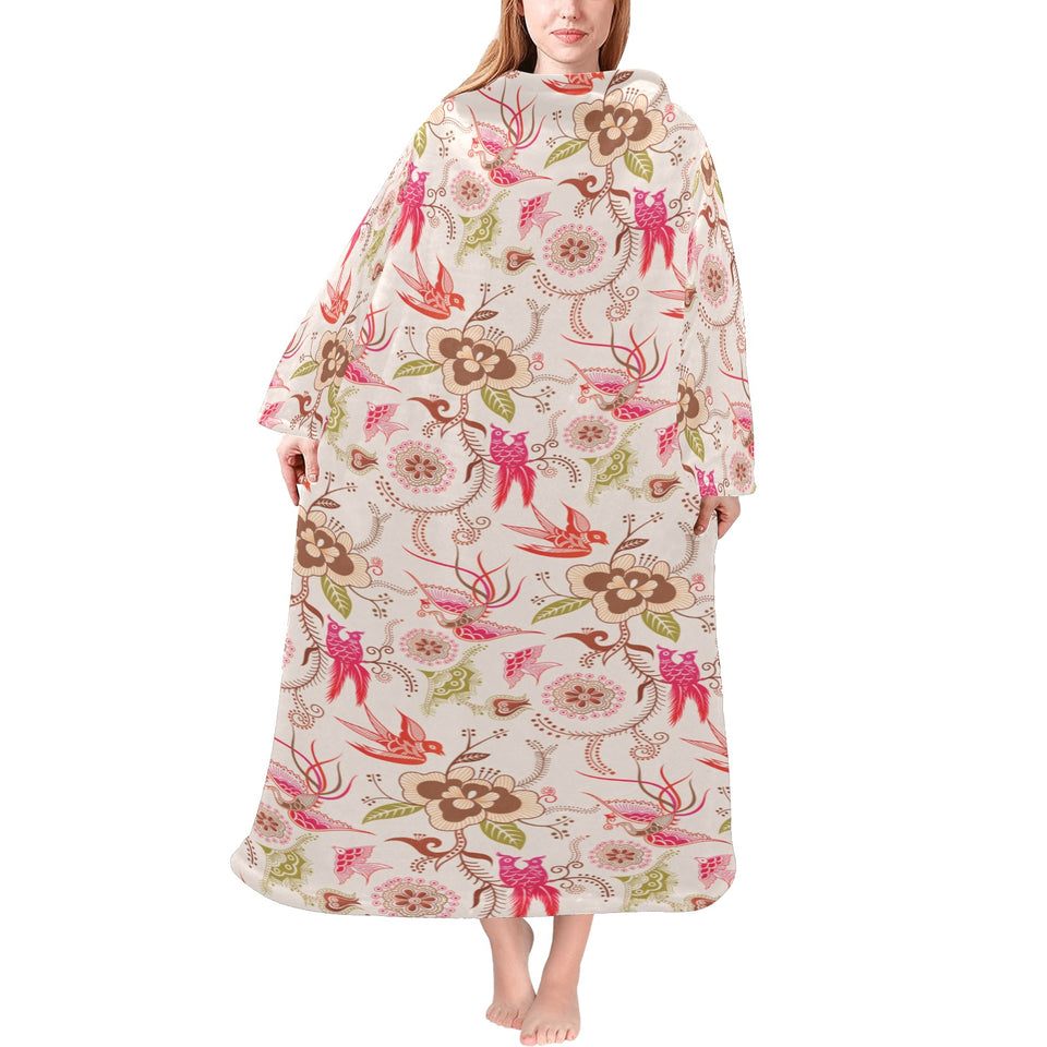 Swallow Pattern Print Design 01 Blanket Robe with Sleeves