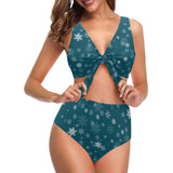 Snowflake pattern dark background Chest Bowknot High Waisted Bikini Swimsuit