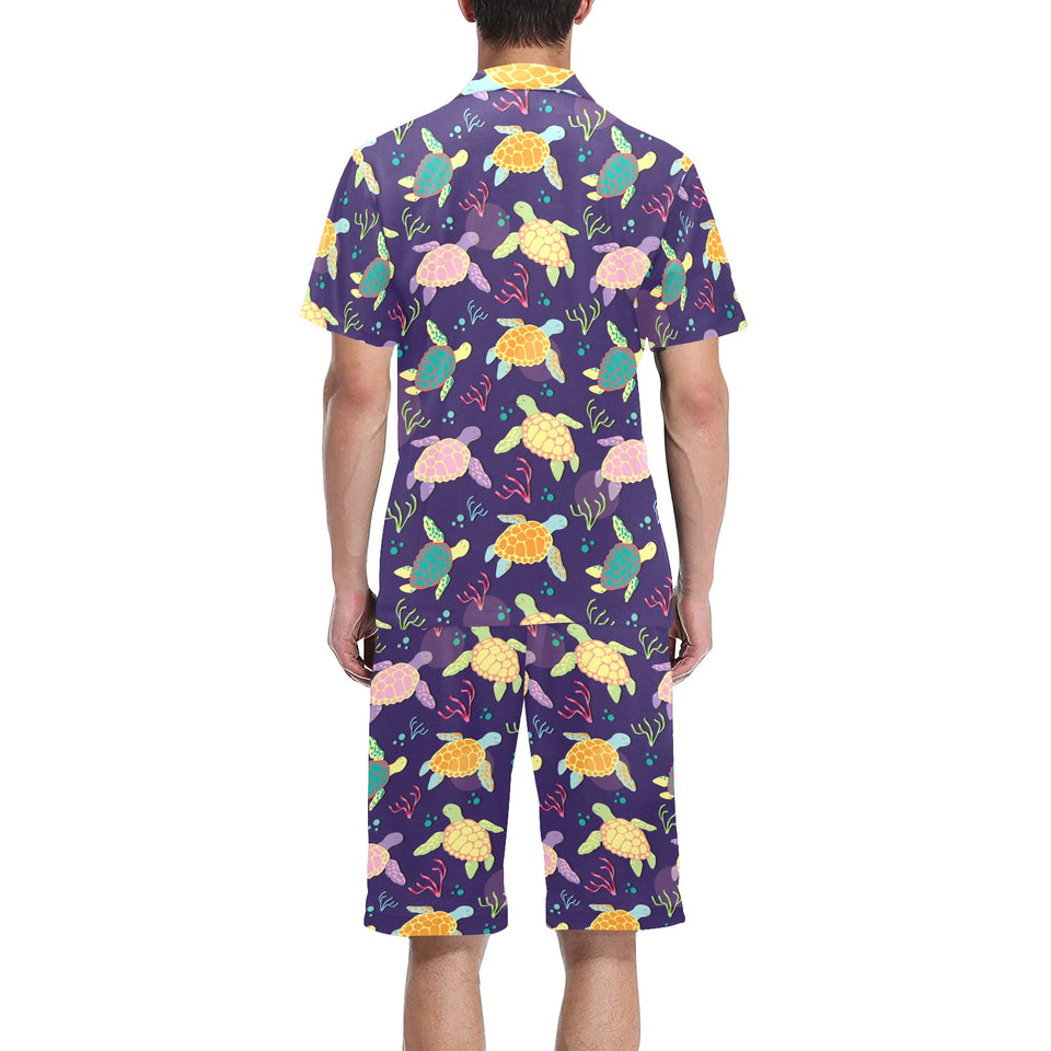 Colorful sea turtle pattern Men's V-Neck Short Pajama Set