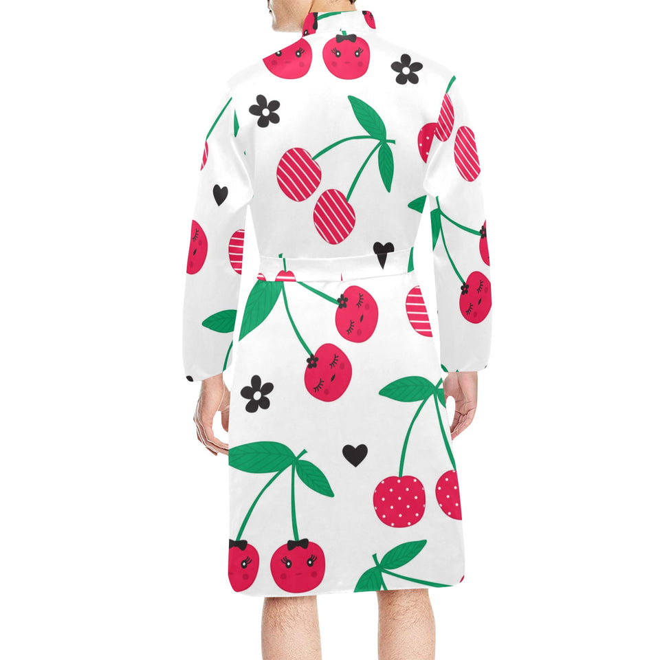 cherry pattern white background Men's Long Sleeve Belted Night Robe