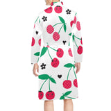 cherry pattern white background Men's Long Sleeve Belted Night Robe