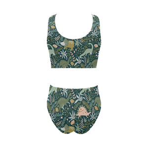 dinosaurs tropical leaves flower pattern Chest Bowknot High Waisted Bikini Swimsuit