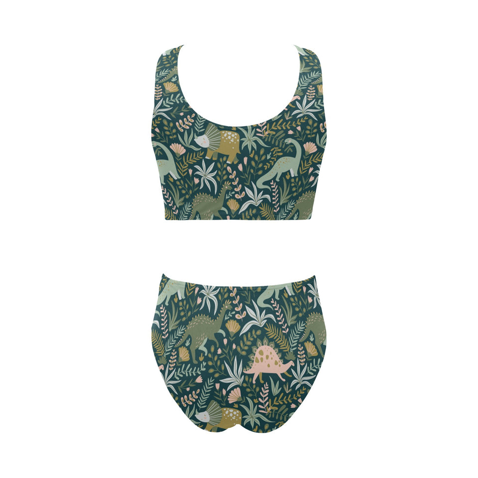 dinosaurs tropical leaves flower pattern Chest Bowknot High Waisted Bikini Swimsuit