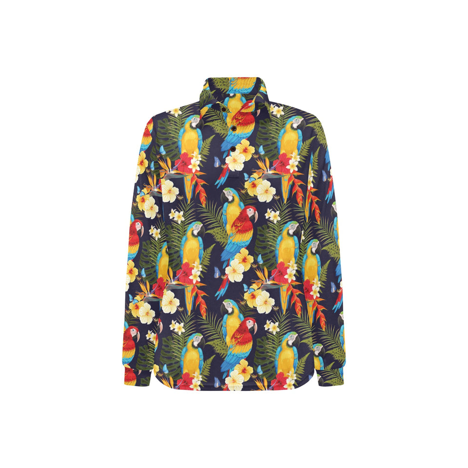 Colorful parrot flower pattern Women's Long Sleeve Polo Shirt