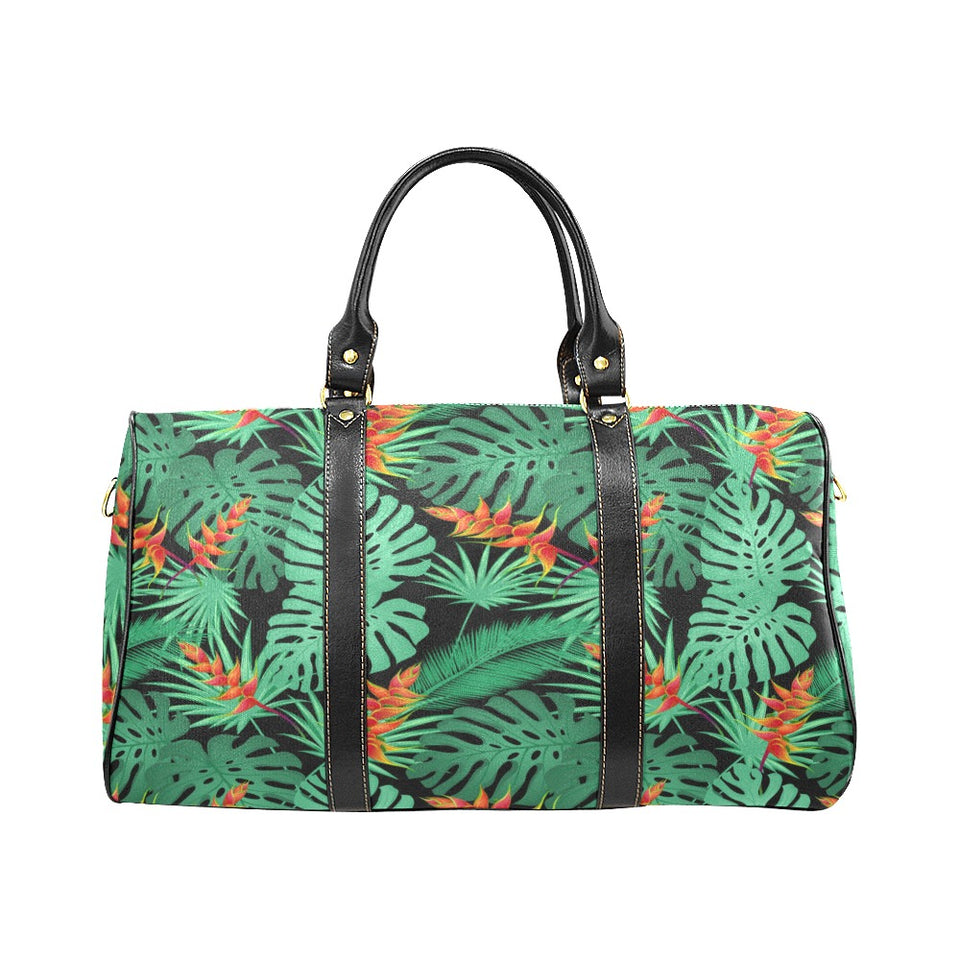 heliconia flower palm monstera leaves black backgr Travel Bag