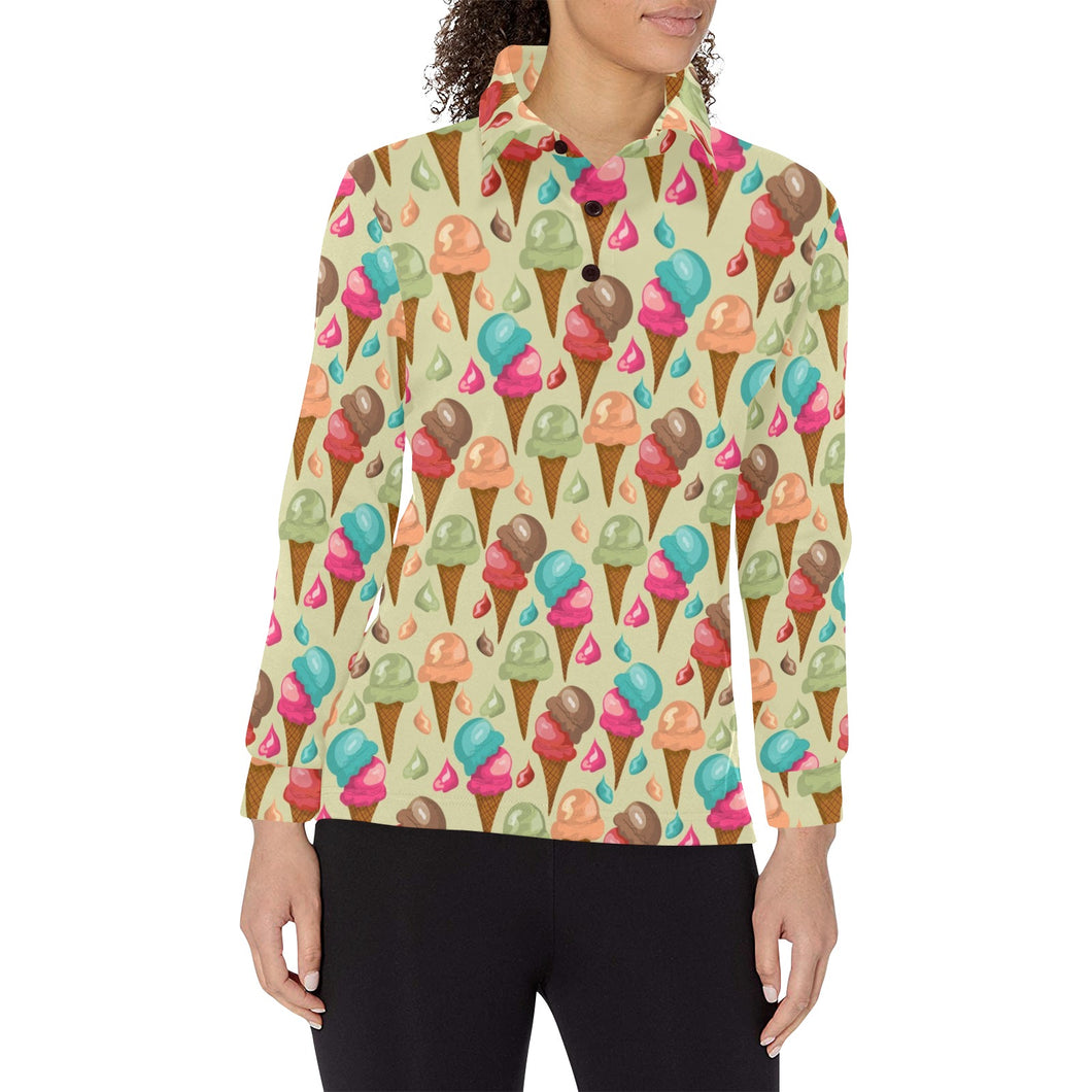Colorful ice cream pattern Women's Long Sleeve Polo Shirt