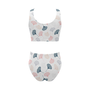 Black Gray Cream coral ginkgo leaves pattern Chest Bowknot High Waisted Bikini Swimsuit