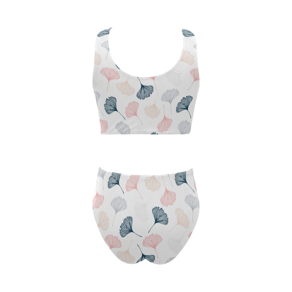 Black Gray Cream coral ginkgo leaves pattern Chest Bowknot High Waisted Bikini Swimsuit