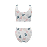 Black Gray Cream coral ginkgo leaves pattern Chest Bowknot High Waisted Bikini Swimsuit