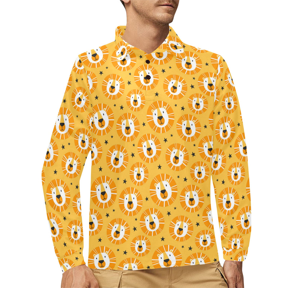 Lion Pattern Print Design 03 Men's Long Sleeve Polo Shirt