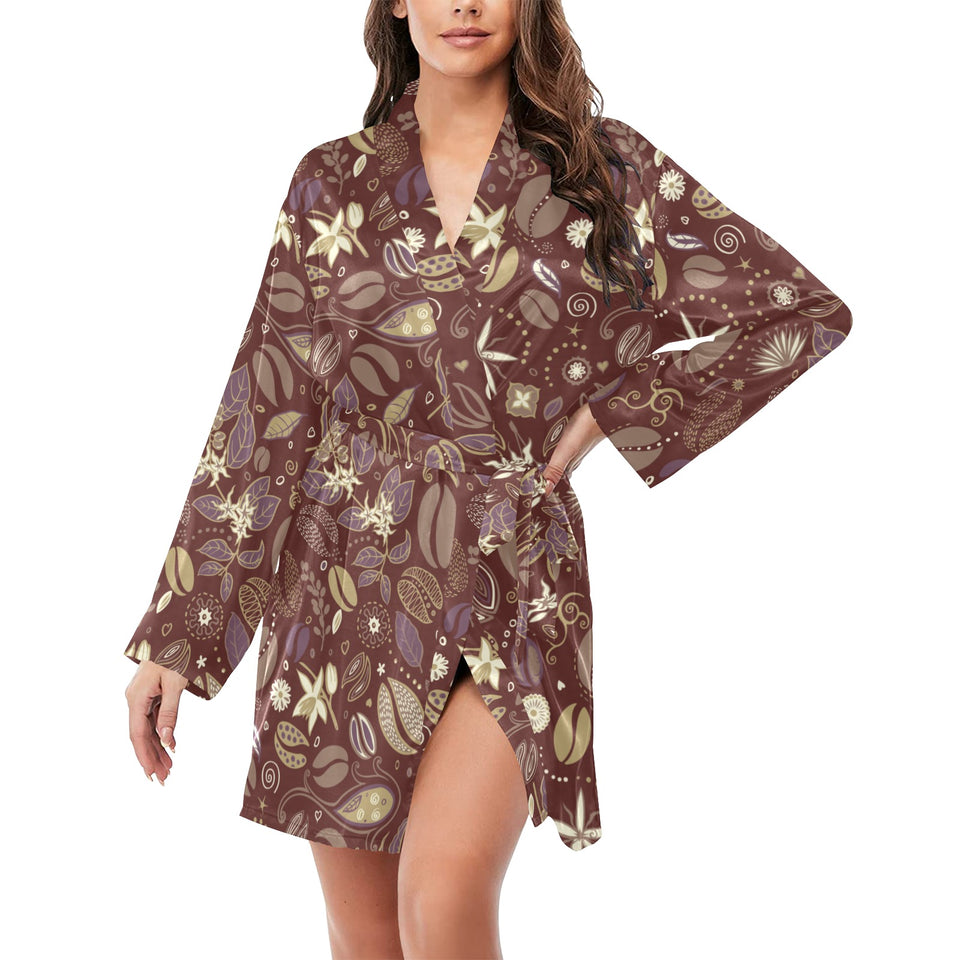 Coffee bean flower pattern Women's Long Sleeve Belted Night Robe