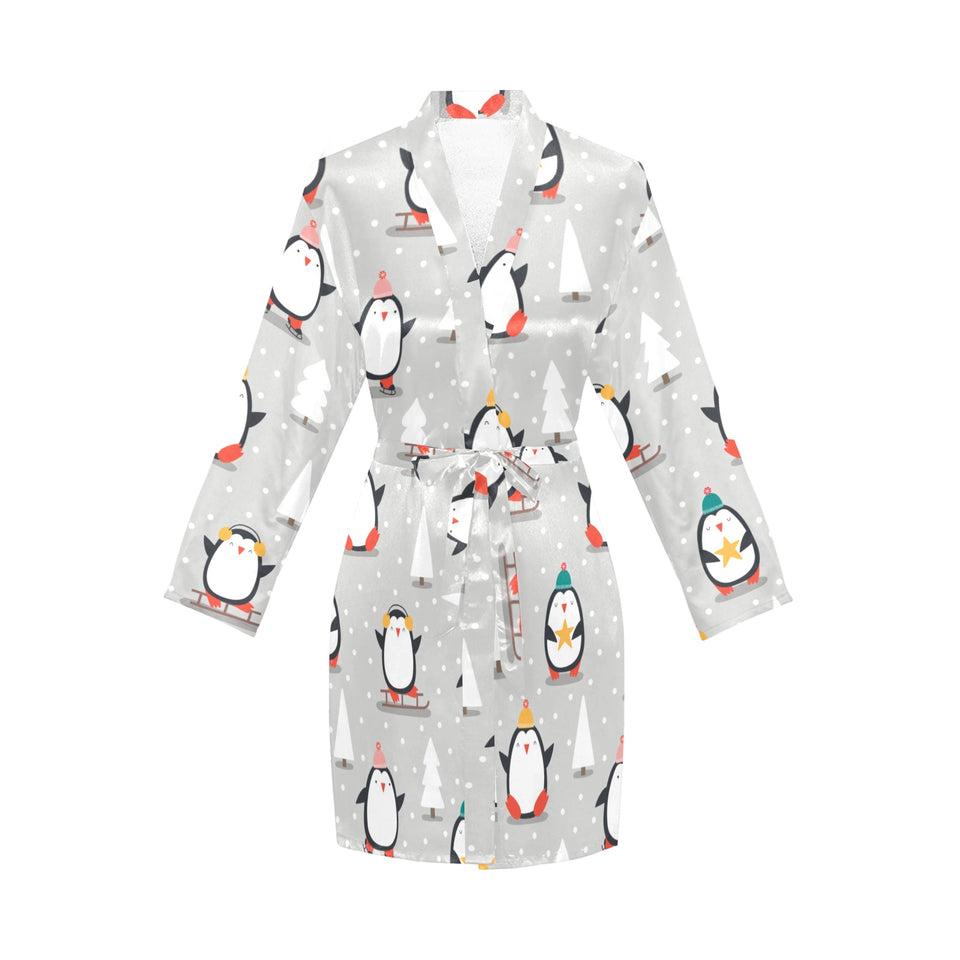 Cute Penguin christmas pattern Women's Long Sleeve Belted Night Robe