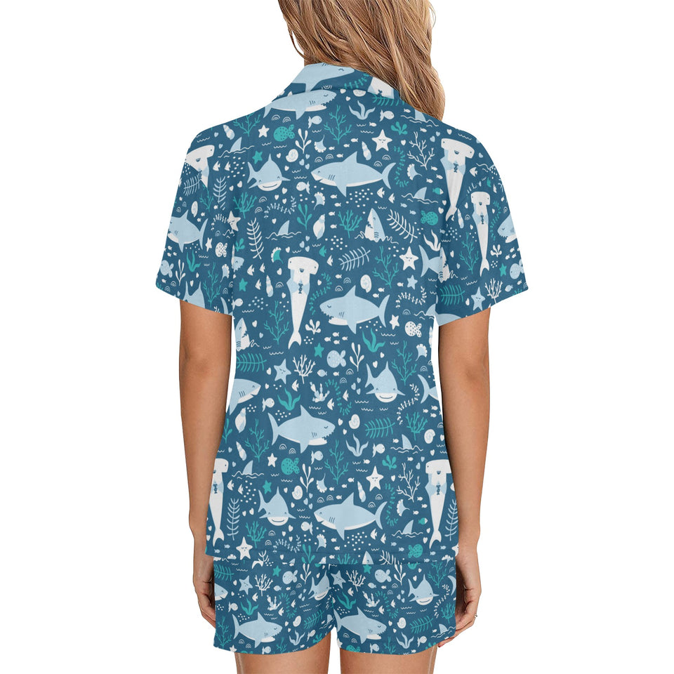 Cute shark pattern Women's V-Neck Short Pajama Set