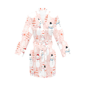 Cute snowman christmas tree snowpink background Women's Long Sleeve Belted Night Robe