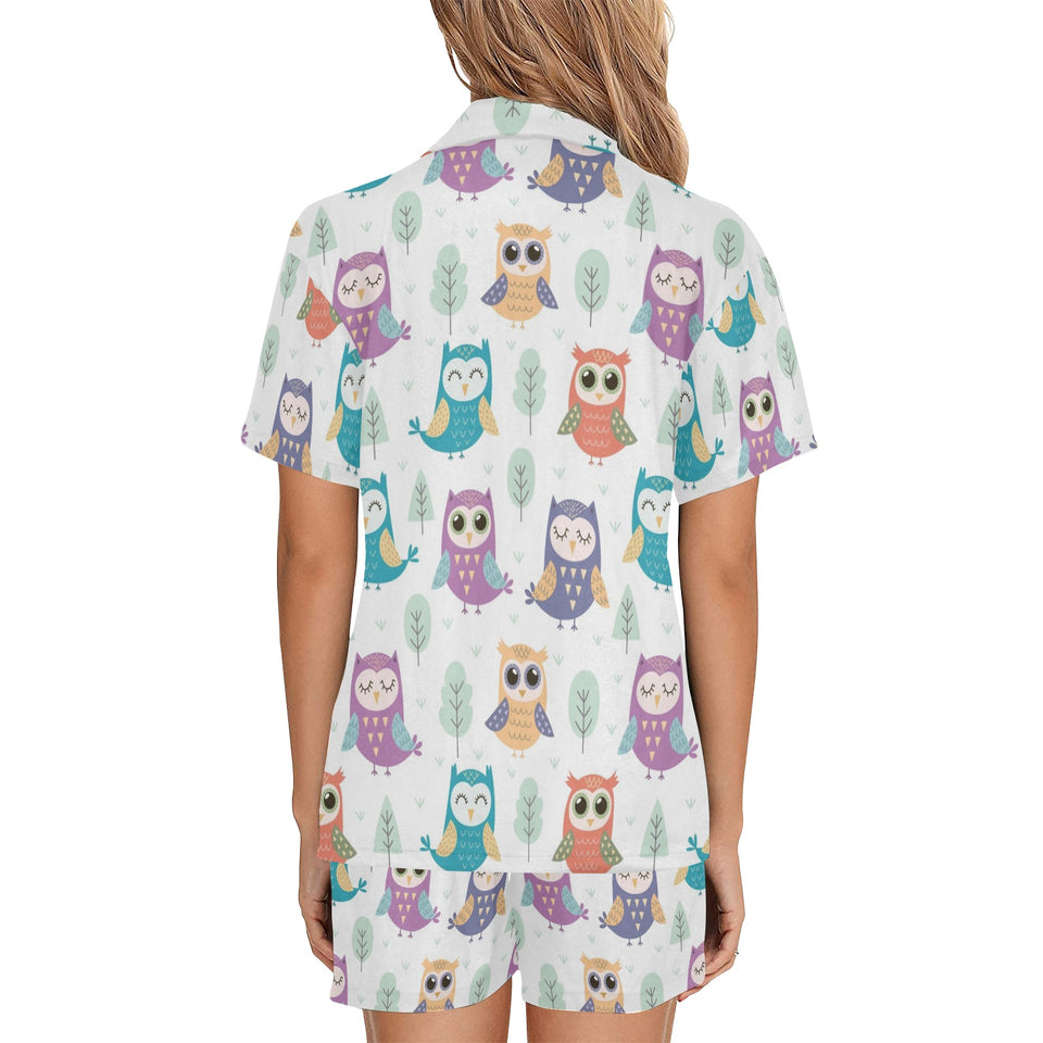 Cute owl pattern Women's V-Neck Short Pajama Set