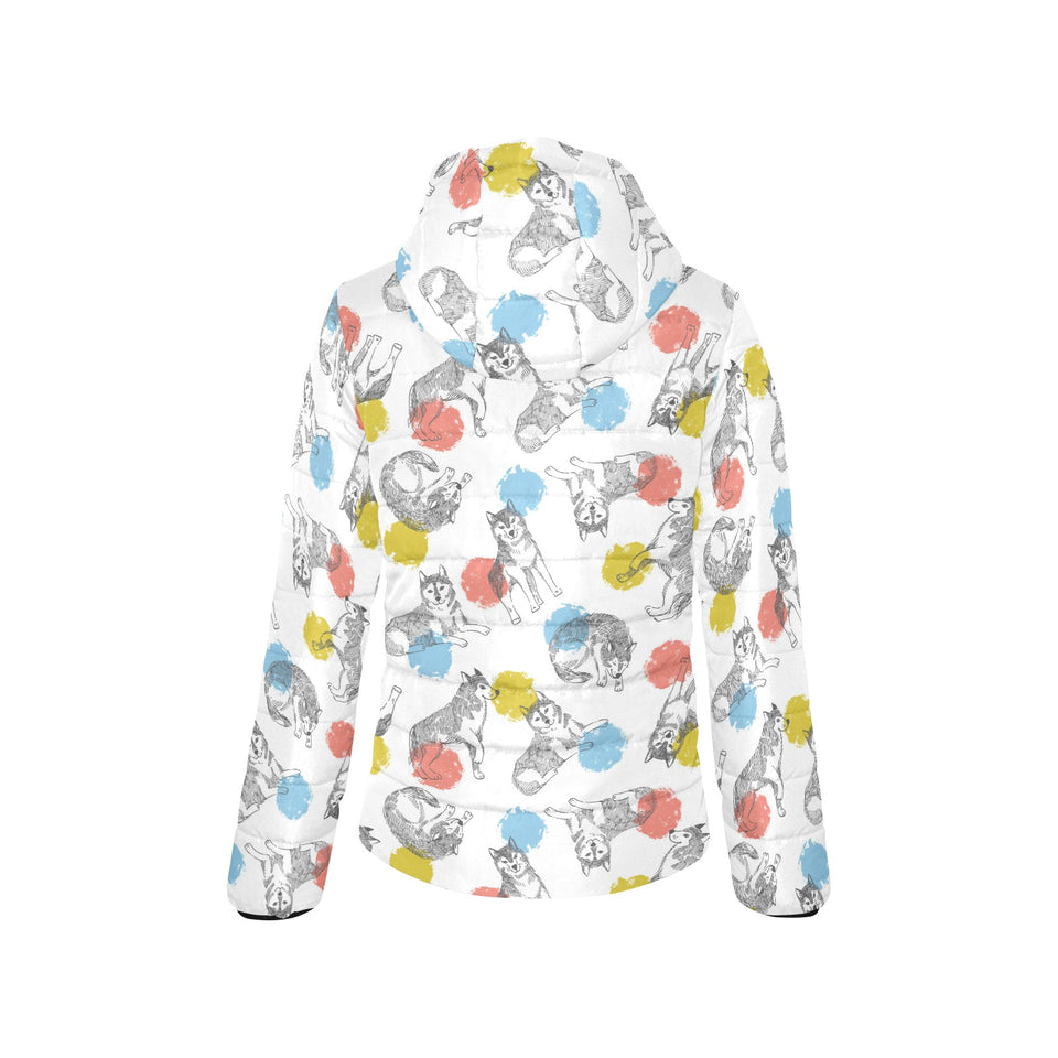 Siberian husky and colorful circle pattern Women's Padded Hooded Jacket