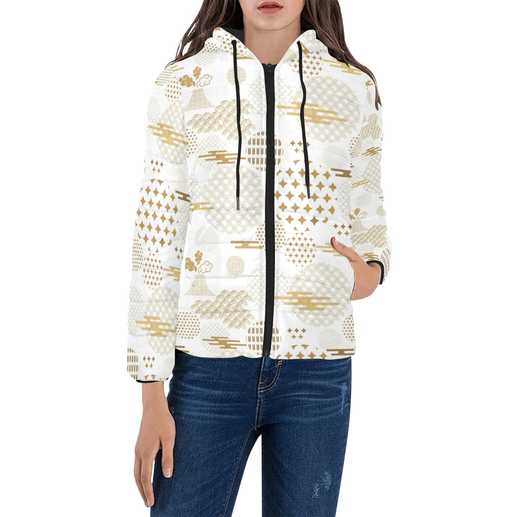 Beautiful gold japanese pattern Women's Padded Hooded Jacket