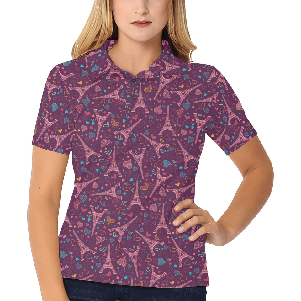 Eiffel Tower Heart Pattern Print Design 04 Women's All Over Print Polo Shirt