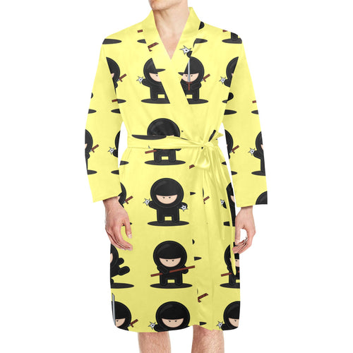 Cute ninja yellow background Men's Long Sleeve Belted Night Robe
