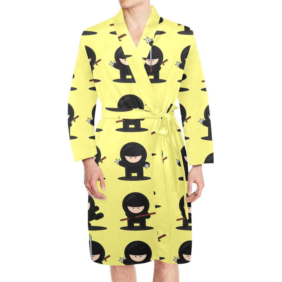 Cute ninja yellow background Men's Long Sleeve Belted Night Robe