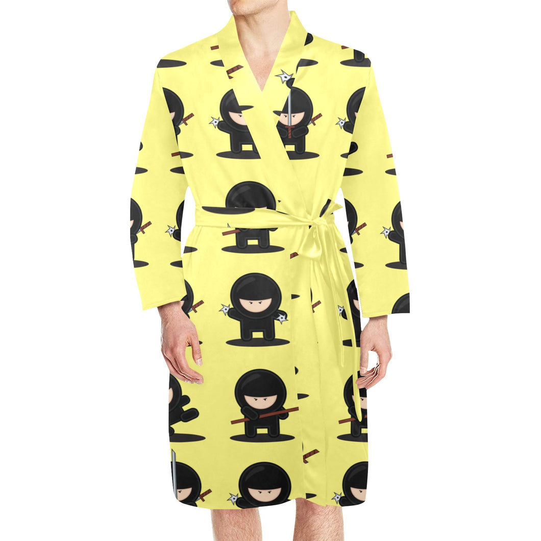 Cute ninja yellow background Men's Long Sleeve Belted Night Robe