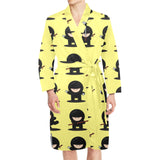 Cute ninja yellow background Men's Long Sleeve Belted Night Robe