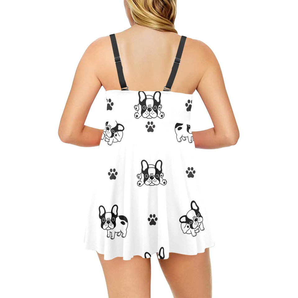 Cute french bulldog paw pattern Chest Sexy Pleated Two Piece Swim Dress