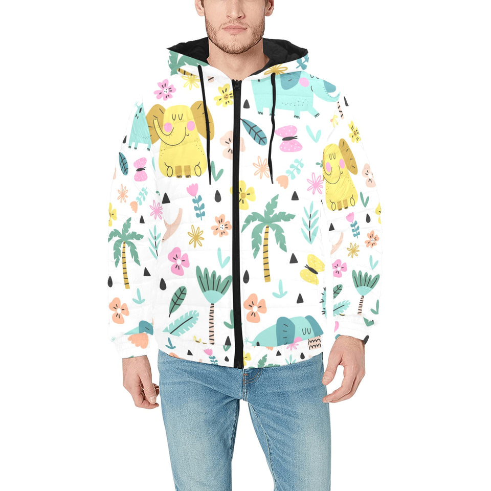 Cute elephants palm tree flower butterfly pattern Men's Padded Hooded Jacket