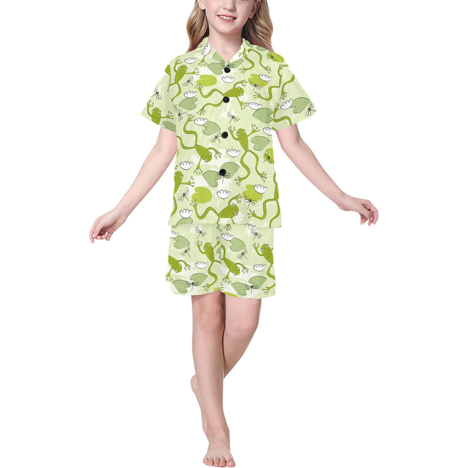 Cute frog dragonfly pattern Kids' Boys' Girls' V-Neck Short Pajama Set