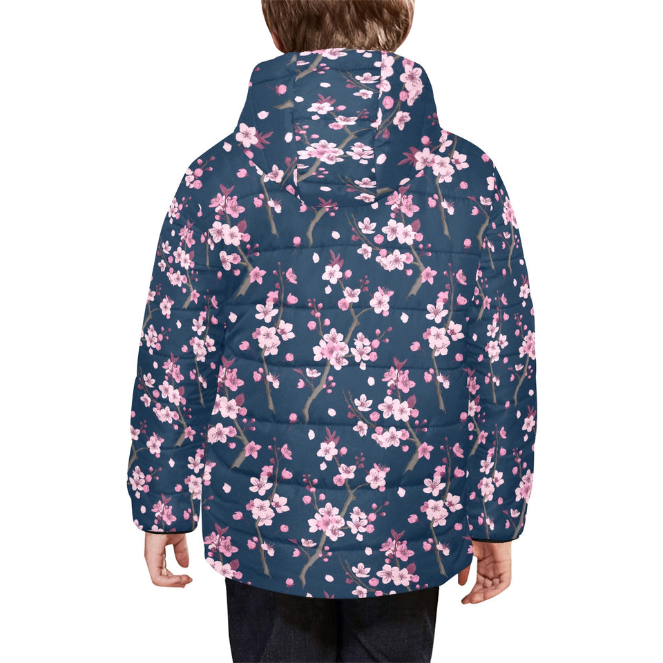 Pink sakura cherry blossom blue background Kids' Boys' Girls' Padded Hooded Jacket