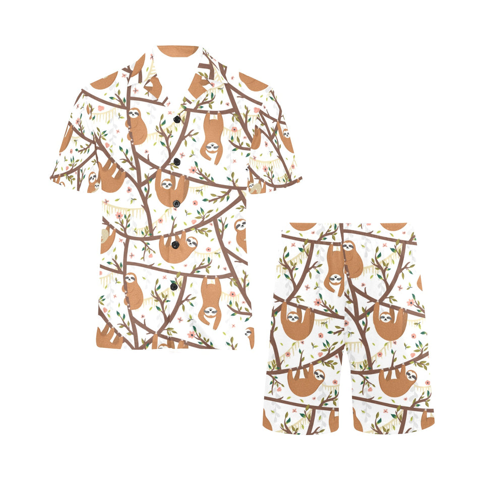 Sloths hanging on the tree pattern Men's V-Neck Short Pajama Set