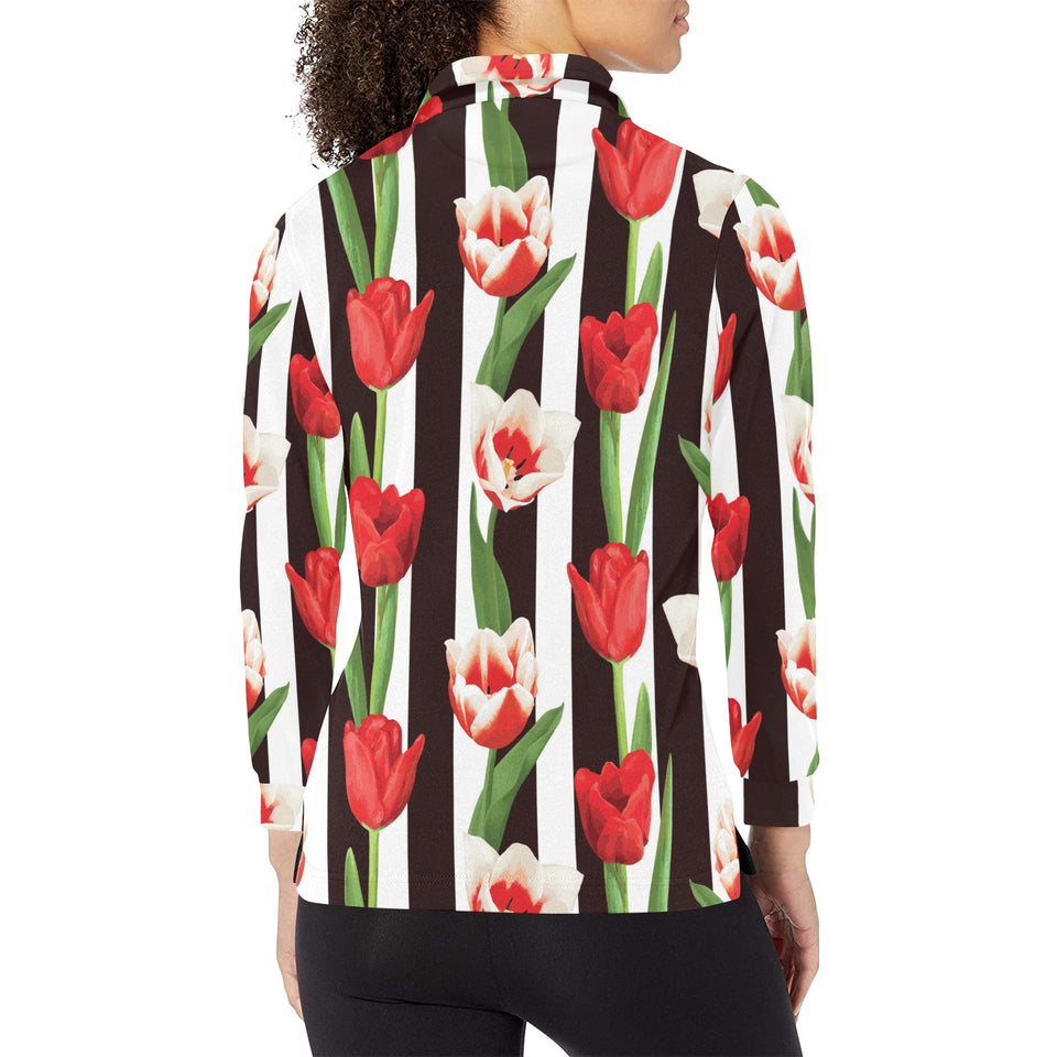 red and white tulips pattern Women's Long Sleeve Polo Shirt