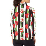 red and white tulips pattern Women's Long Sleeve Polo Shirt