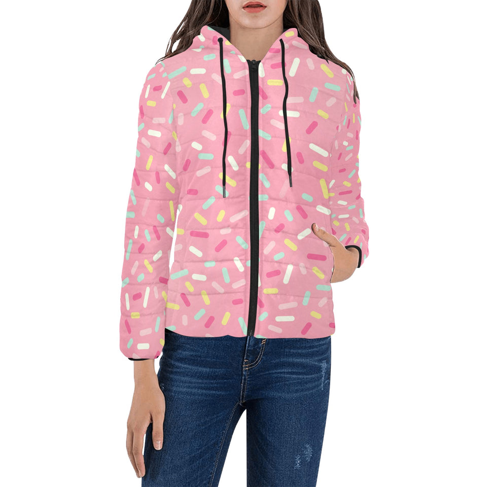 Pink donut glaze candy pattern Women's Padded Hooded Jacket