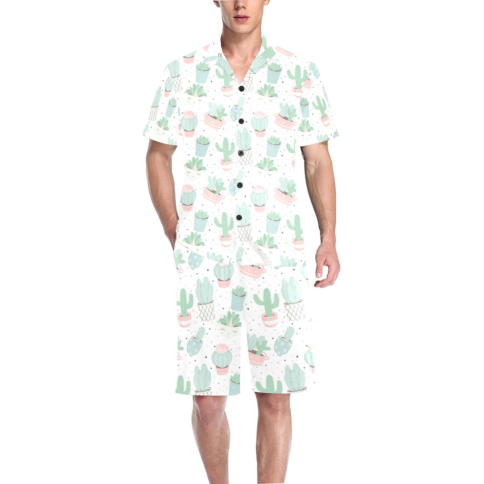 Pastel color cactus pattern Men's V-Neck Short Pajama Set