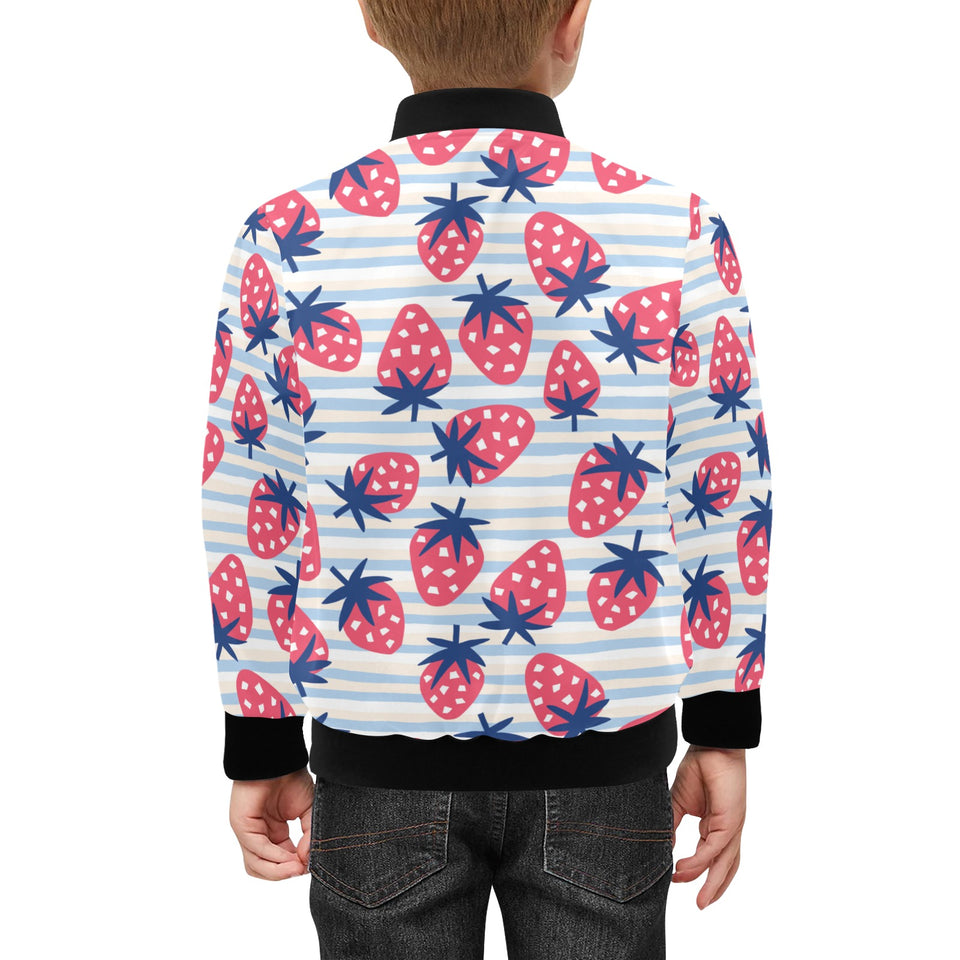 Strawberry pattern blue lines background Kids' Boys' Girls' Bomber Jacket
