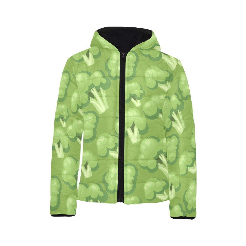 Broccoli pattern green background Kids' Boys' Girls' Padded Hooded Jacket